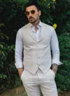 Oliver Tweed Infinity Leather Men's Summer 2 Piece Suit Linen Formal Cream Beige Waistcoat Trousers
