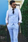 Oliver Tweed Infinity Leather Men's Summer 2 Piece Suit Linen Formal Light Blue Waistcoat Trousers