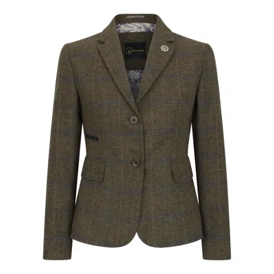 Oliver Tweed Infinity Leather Women's Olive Tailored Fit Tweed Blazer In Herringbone Check In Green