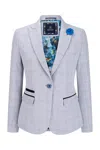 Oliver Tweed Infinity Leather Womens Blue Check Blazer Wool Blend Herringbone Tweed