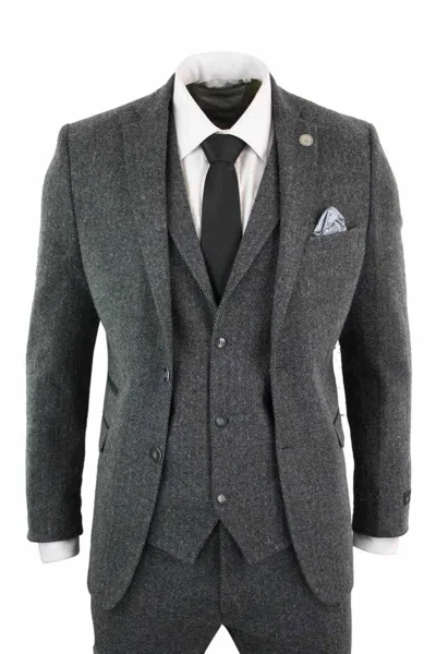 Oliver Tweed Men's 3 Piece Charcoal Grey Herringbone Tweed Suit In Pink