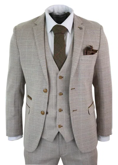 Oliver Tweed Mens 3 Piece Beige Tweed Check Vintage Retro Suit
