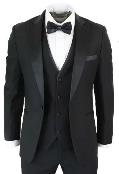 OLIVER TWEED MENS 3 PIECE BLACK TUXEDO SUIT CLASSIC SATIN DINNER TAILORED FIT WEDDING PROM