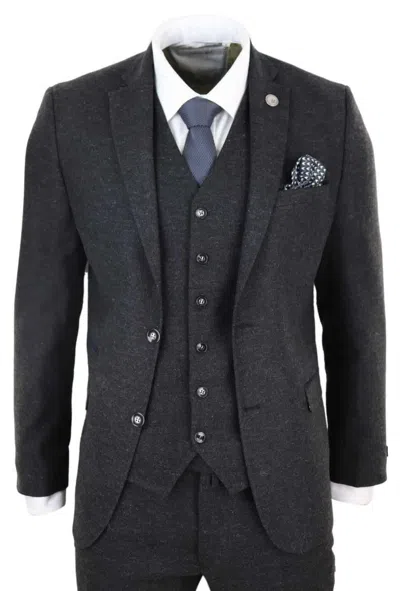 Oliver Tweed Mens 3 Piece Black Wool Tweed Vintage Retro Suit