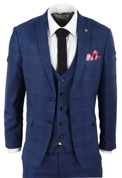Oliver Tweed Mens 3 Piece Blue Birdseye Check Classic Suit