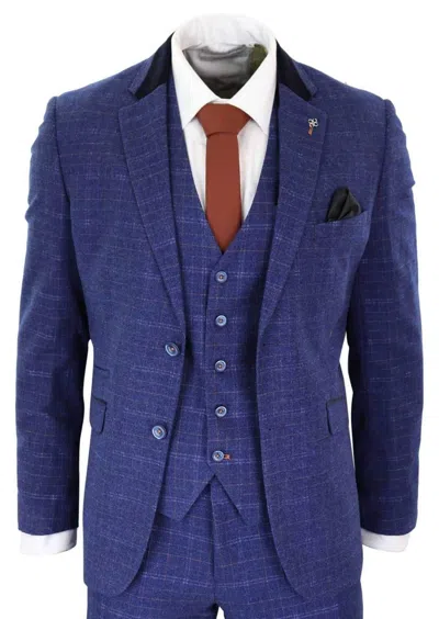 Oliver Tweed Mens 3 Piece Blue Tweed Check Vintage Classic Suit