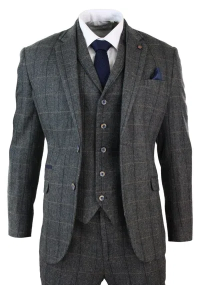 Oliver Tweed Mens 3 Piece Charcoal Grey Check Tweed Herringbone Vintage Classic Suit In Gray