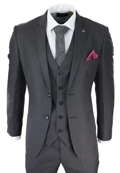 Oliver Tweed Mens 3 Piece Charcoal Grey Classic Stitch Retro Suit In Pink
