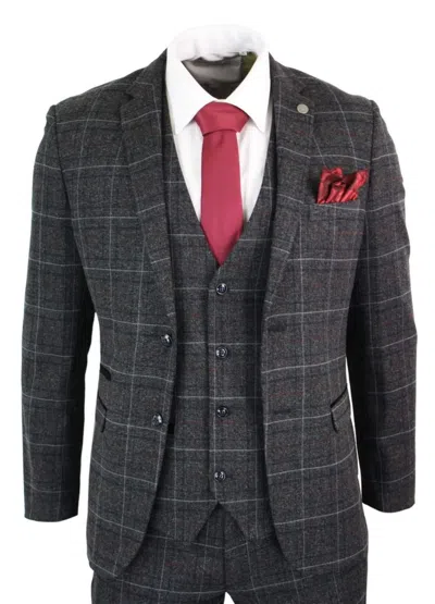 Oliver Tweed Mens 3 Piece Charcoal Grey Tweed Check Vintage Retro Suit In Pink