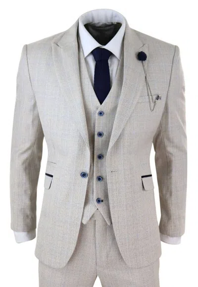 Oliver Tweed Mens 3 Piece Cream Check Tweed Herringbone Vintage Classic Suit In Gray