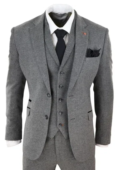 Oliver Tweed Mens 3 Piece Dark Grey Herringbone Wool Tweed Retro Suit
