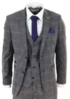 Oliver Tweed Mens 3 Piece Grey With Blue Check Vintage Classic Suit In Grey