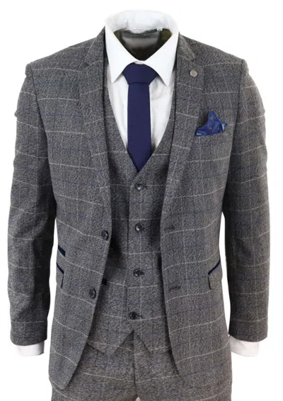 Oliver Tweed Mens 3 Piece Grey With Blue Check Vintage Classic Suit