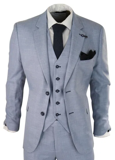 Oliver Tweed Mens 3 Piece Linen Suit Light Blue Summer Tailored Fit Wedding Prom Classic Suit