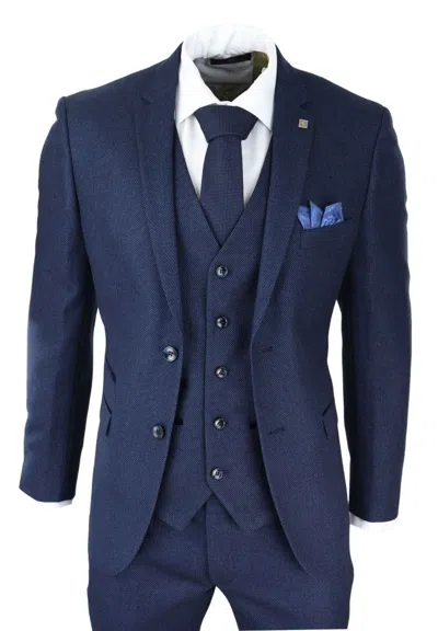 Oliver Tweed Mens 3 Piece Navy Blue Birdseye Tweed Classic Suit