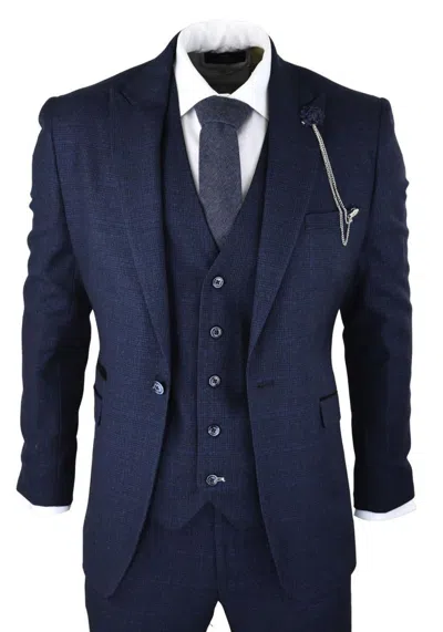 Oliver Tweed Mens 3 Piece Navy Blue Check Tweed Retro Classic Suit