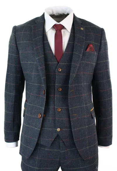 Oliver Tweed Mens 3 Piece Navy Blue Herringbone Check Vintage Suit