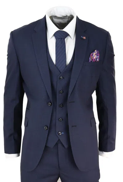 Oliver Tweed Mens 3 Piece Navy Blue Tailored Fit Retro Classic Suit