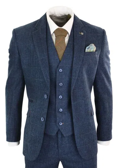Oliver Tweed Mens 3 Piece Navy Blue Tweed Herringbone Vintage Classic Suit