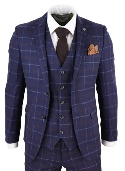 Oliver Tweed Mens 3 Piece Navy Blue Wool Check Retro Suit