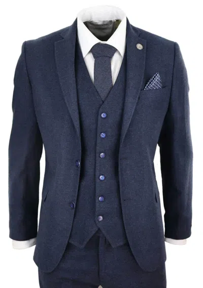Oliver Tweed Mens 3 Piece Navy Blue Wool Tweed Vintage Retro Suit