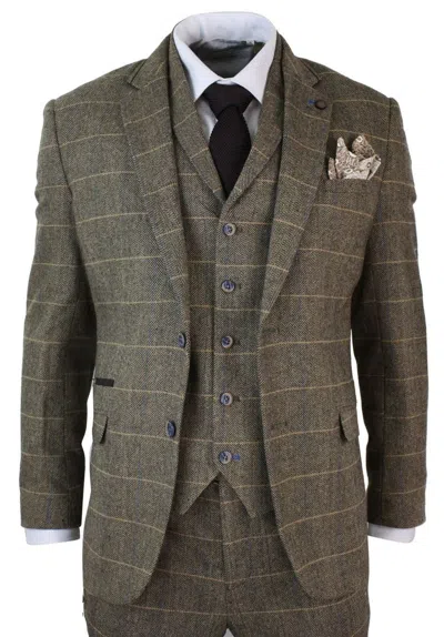 Oliver Tweed Mens 3 Piece Tan Brown Check Tweed Herringbone Vintage Classic Suit In Multi