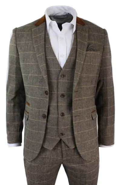 Oliver Tweed Mens 3 Piece Tan Tweed Check Suit In Multi