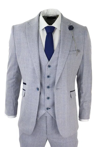Oliver Tweed Mens 3 Piece Tweed Suit Light Blue Check Peaky Blinders 1920 Gatsby Wedding Suit