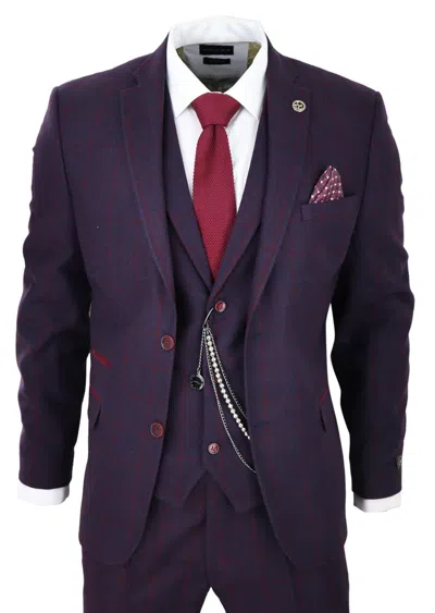 Oliver Tweed Mens 3 Piece Tweed Suit Plum Purple Check Peaky Blinders Classic 1920 Gatsby