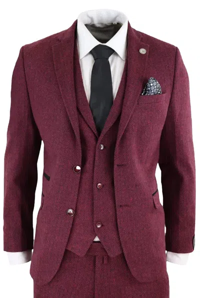 Oliver Tweed Mens 3 Piece Wine Herringbone Wool Tweed Retro Suit In Pink