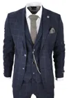 Oliver Tweed Mens 3 Piece Wool Suit Navy Blue Tweed Check Peaky Blinders 1920 Gatsby Formal In Blue