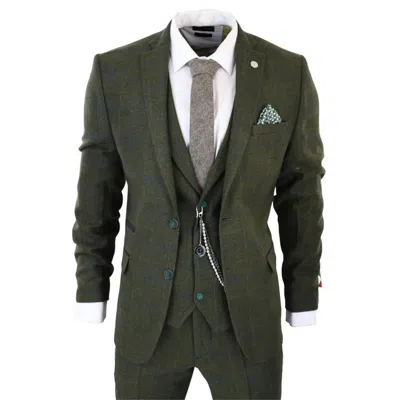 Oliver Tweed Mens 3 Piece Wool Suit Olive Green Tweed Check Peaky Blinders 1920 Gatsby Formal