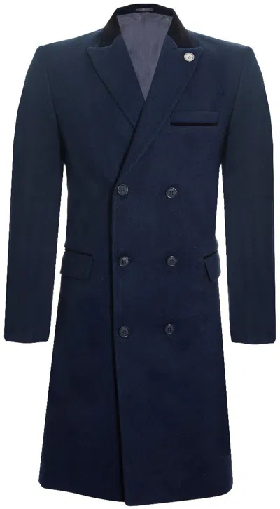 Oliver Tweed Mens 3/4 Long Double Breasted Navy Crombie Overcoat Wool Coat Peaky Blinders In Blue