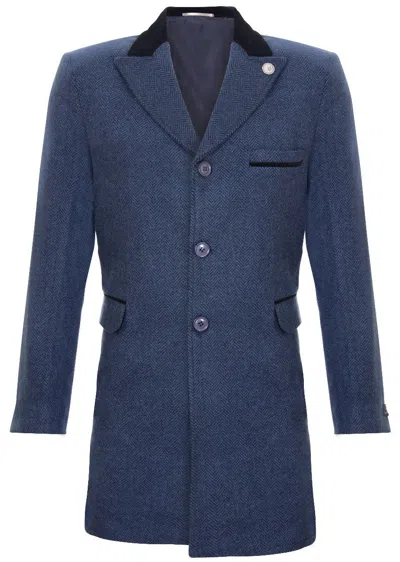 Oliver Tweed Mens 3/4 Long Navy Crombie Overcoat Jacket Herringbone Tweed Coat Peaky Blinder In Blue