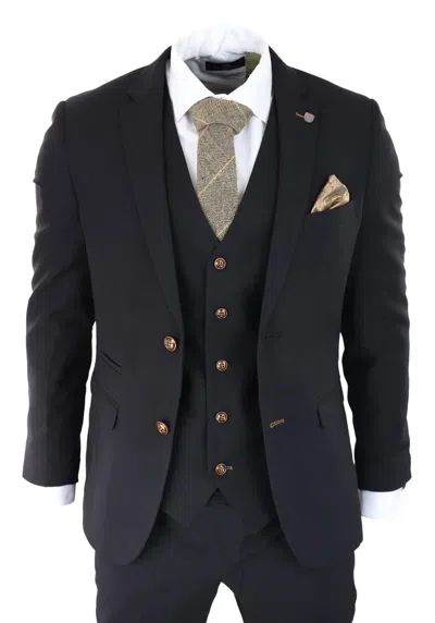 Oliver Tweed Mens Black 3 Piece Suit Brown Trim Classic Birdseye Vintage Wedding Grooms