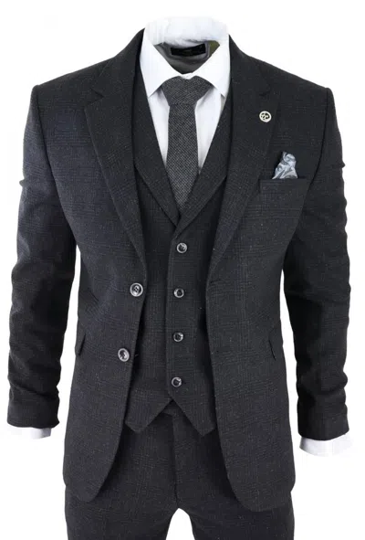 Oliver Tweed Mens Black 3 Piece Tweed Suit Peaky Blinders 1920s Gatsby Classic Tailored Fit