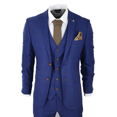 Oliver Tweed Mens Blue Brown Check 3 Piece Tailored Fit Suit