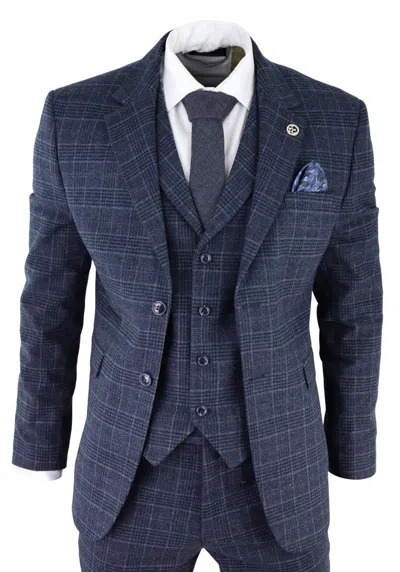 Oliver Tweed Mens Blue Check 3 Piece Tweed Suit Peaky Blinders 1920s Gatsby Tailored Fit