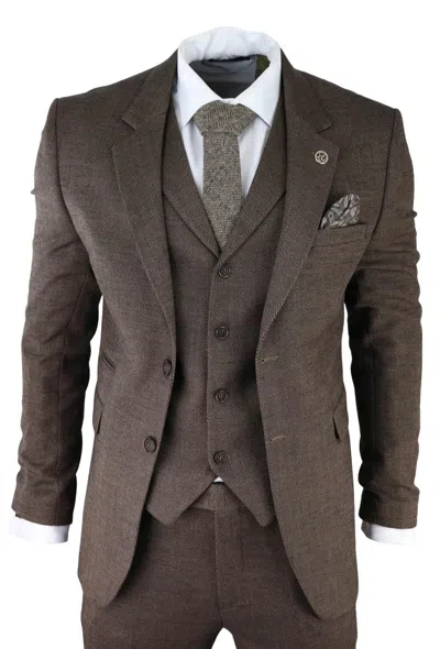 Oliver Tweed Mens Brown 3 Piece Tweed Herringbone Suit Peaky Blinders Classic Tailored