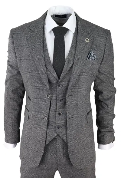 Oliver Tweed Mens Grey 3 Piece Suit Prince Of Wales Check Classic Tailored Fit Wedding Suit