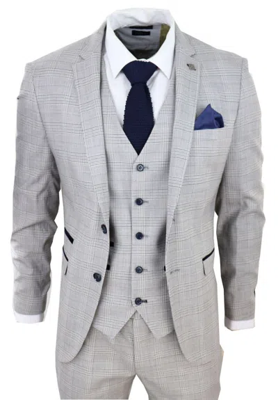 Oliver Tweed Mens Grey 3 Piece Tan Brown Check Tailored Fit Suit
