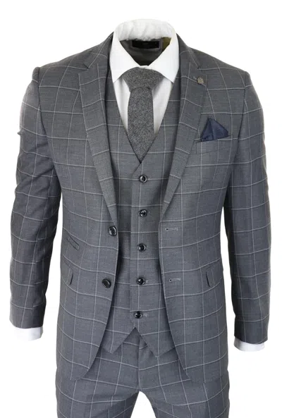 Oliver Tweed Mens Grey Suit 3 Piece Check Vintage Retro Smart Wedding Classic Tailored Fit