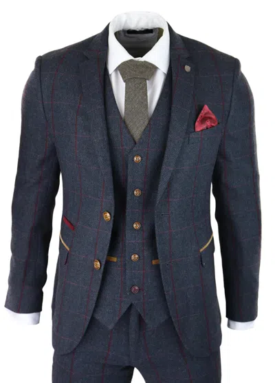 Oliver Tweed Mens Herringbone Tweed Suit 3 Piece Navy Blue Peaky Blinders 1920s Tailored Fit
