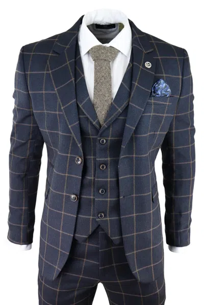 Oliver Tweed Mens Navy Blue Check 3 Piece Tweed Suit Peaky Blinders 1920s Gatsby Tailored Fit
