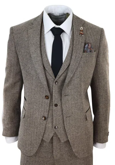 Oliver Tweed Mens Oak Brown 3 Piece Tweed Suit Vintage Harringbone 1920s Retro Peaky Blinders