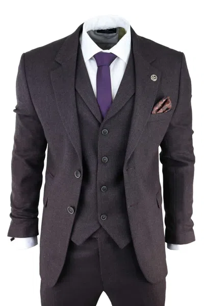 Oliver Tweed Mens Purple Plum 3 Piece Tweed Herringbone Suit Peaky Blinders Classic Tailored In Pink