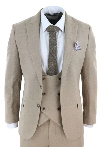 Oliver Tweed Mens Tweed 3 Piece Beige Formal Wedding Suit In Brown