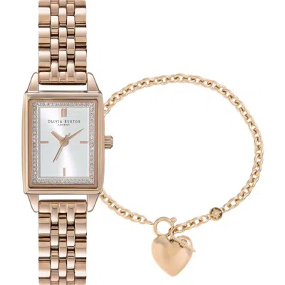 Olivia Burton Women's Carnation Gold-tone Stainless Steel Bracelet Watch, 25.5mm Gift Set In White/gold