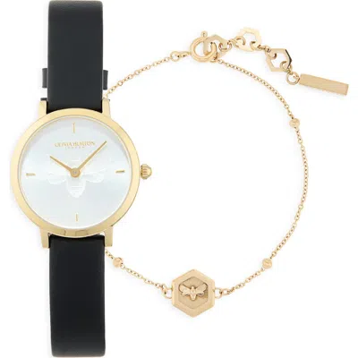 Olivia Burton Minima Bee Leather Strap Watch, 28mm & Charm Bracelet Set In Silver White
