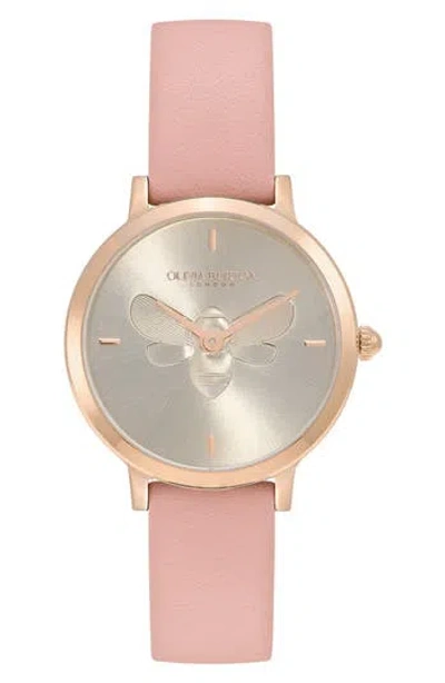 Olivia Burton Women's Ultra Slim Bee Blush Leather Watch 28mm In Gold